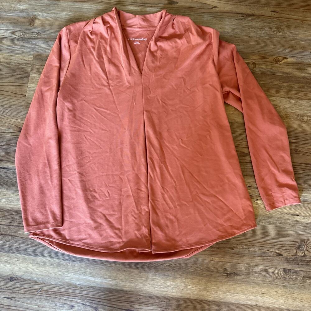 Soft Surroundings Bergamont Top Womens Large Orange V-Neck Long Sleeve High Low